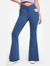 High Waist Crossover Flare Jeans Light Blue