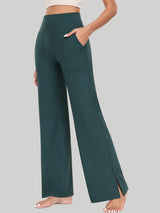 High Waisted Side Slit Wide Leg Yoga Pants Dark Forest Green