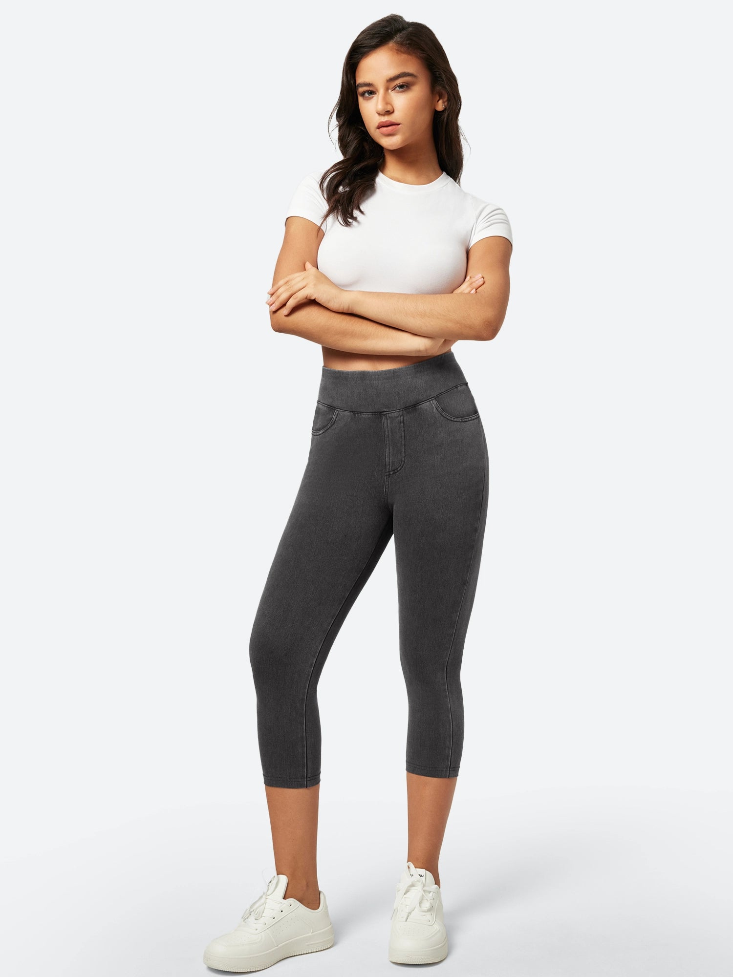 High Waisted Pull On Capri Jeans Gray