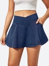 V-Waist Stretchy Ruffle Denim Skort Dark Blue