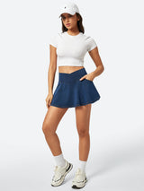 V-Waist Stretchy Ruffle Denim Skort Dark Blue