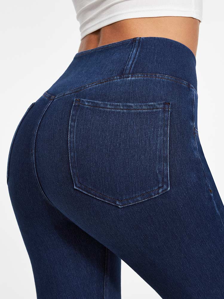 High Waist Crossover Flare Jeans Dark Blue Back Pocket