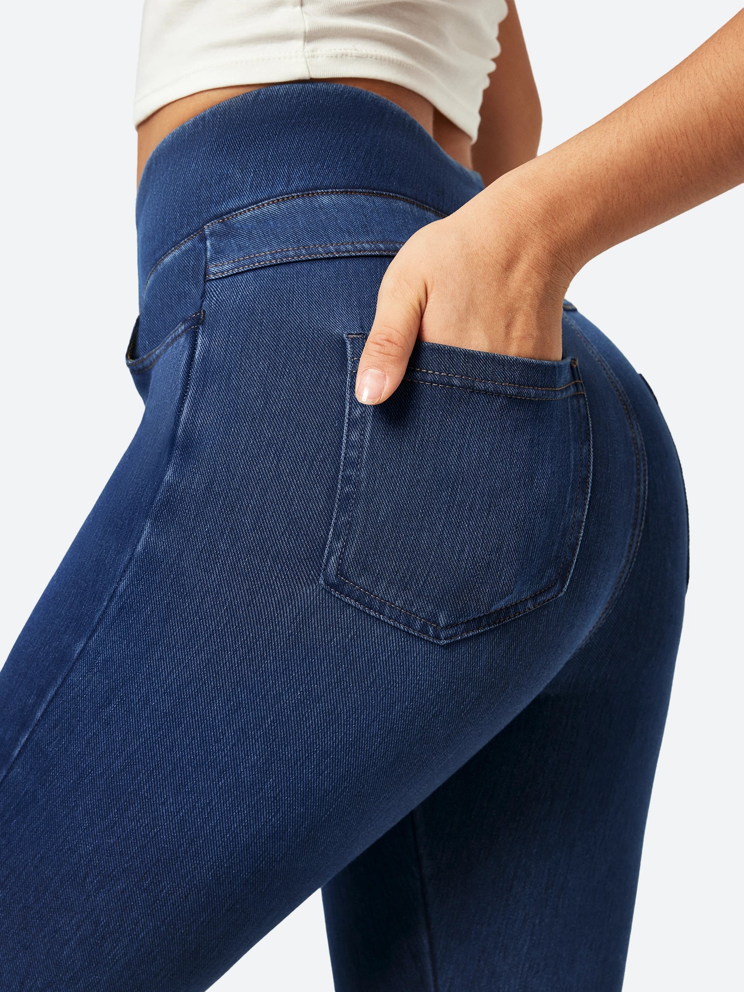 High Waisted Pull On Capri Jeans Dark Blue