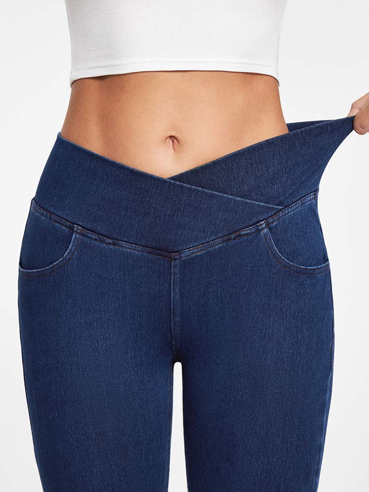 High Waist Crossover Flare Jeans Dark Blue