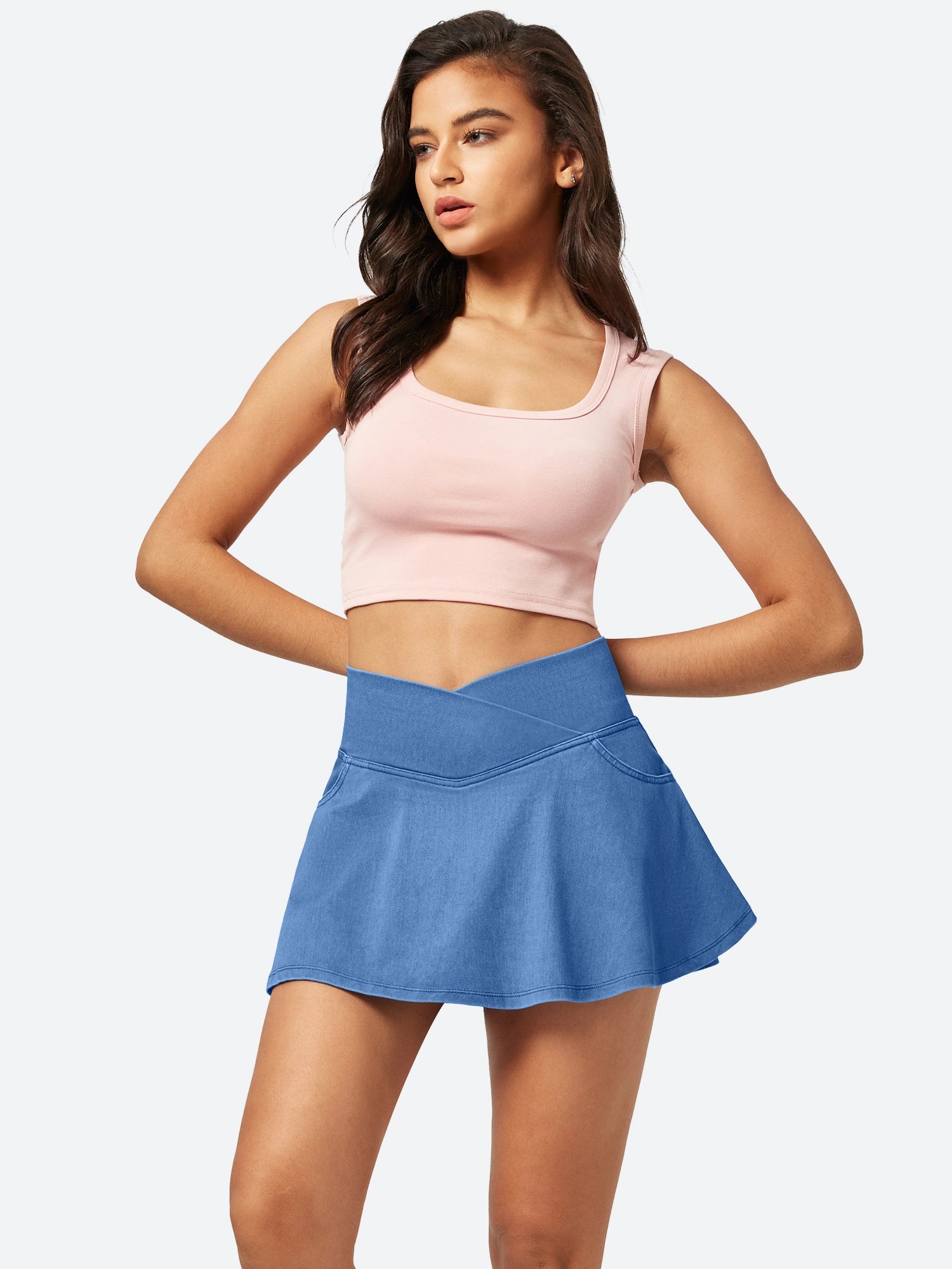 V-Waist Stretchy Ruffle Denim Skort Light Wash