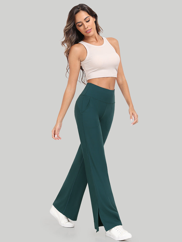 High Waisted Side Slit Wide Leg Yoga Pants Dark Forest Green