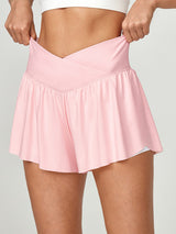 IUGA High Waisted 2 In 1 Crossover Flowy Shorts pink